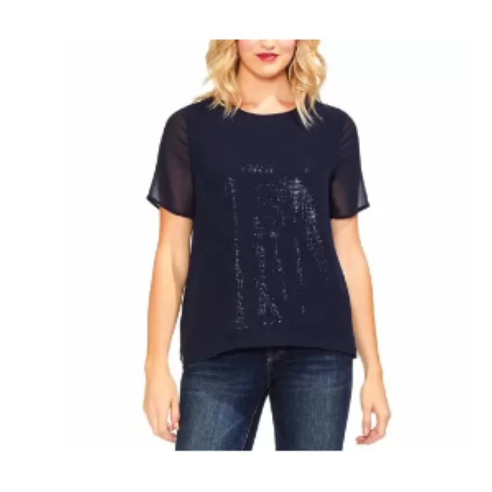 Vince Camuto Womens M Classic Navy Chiffon Overlay Sequin Pullover Blouse Top